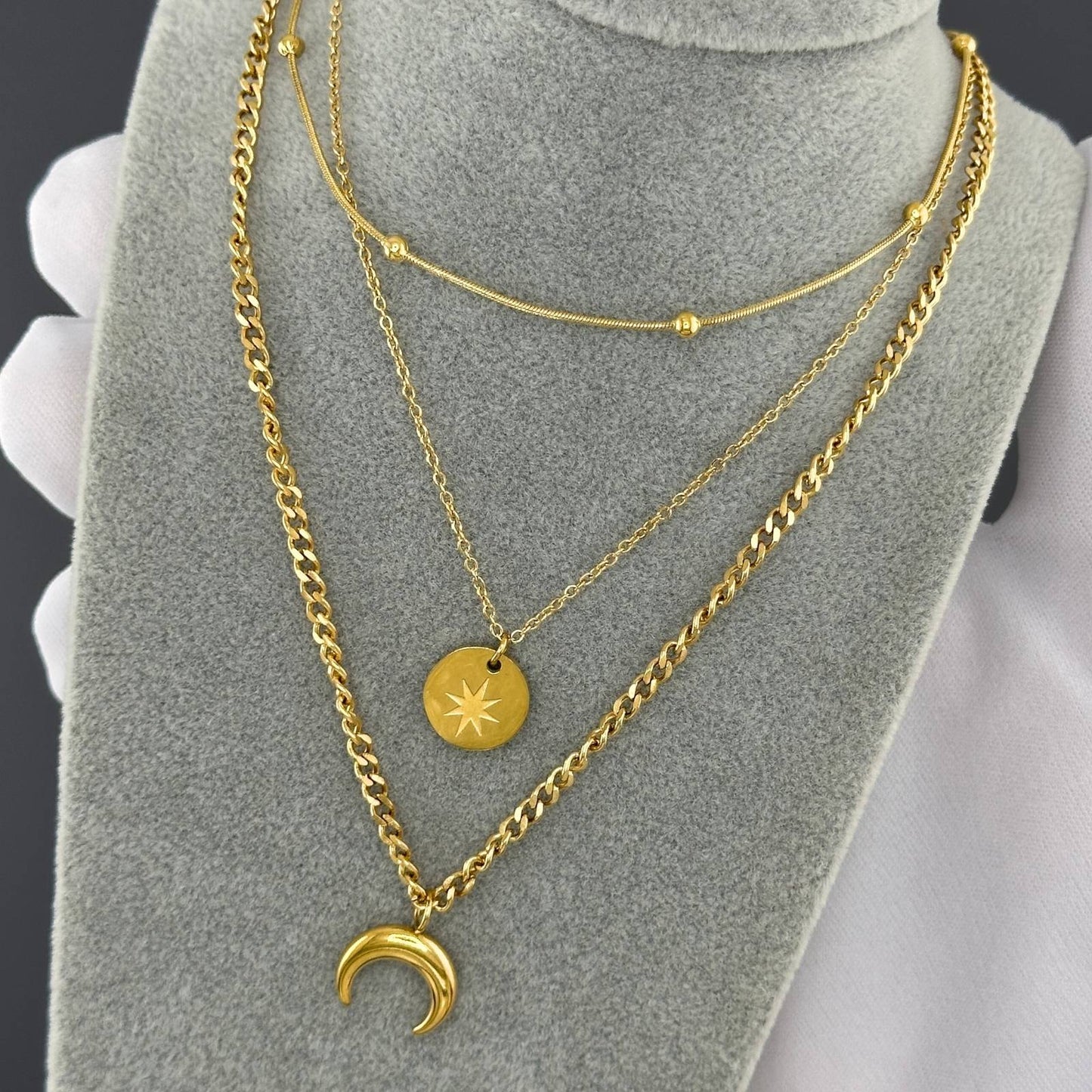 Crescent And Star Necklace, 18K Gold Plated Steel