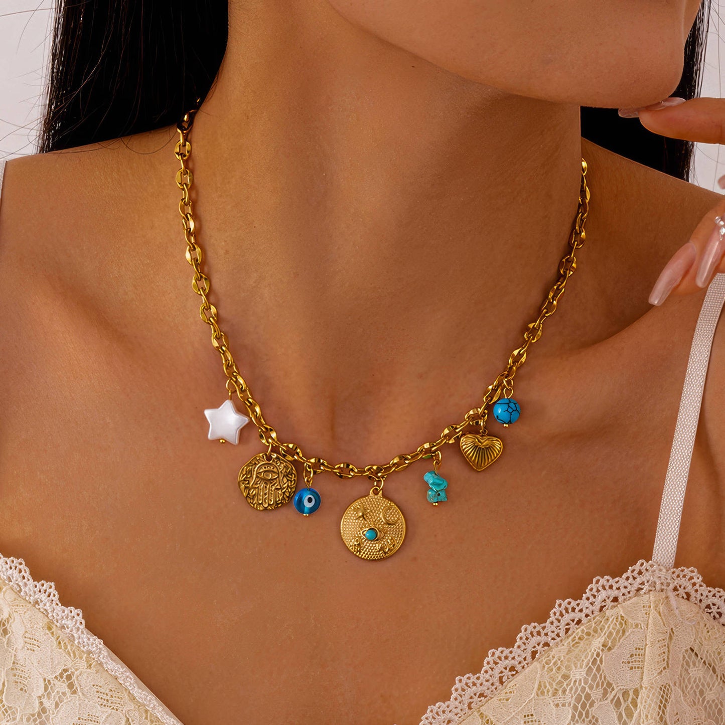 Evil Eye Necklace, 18K Gold Plated Steel