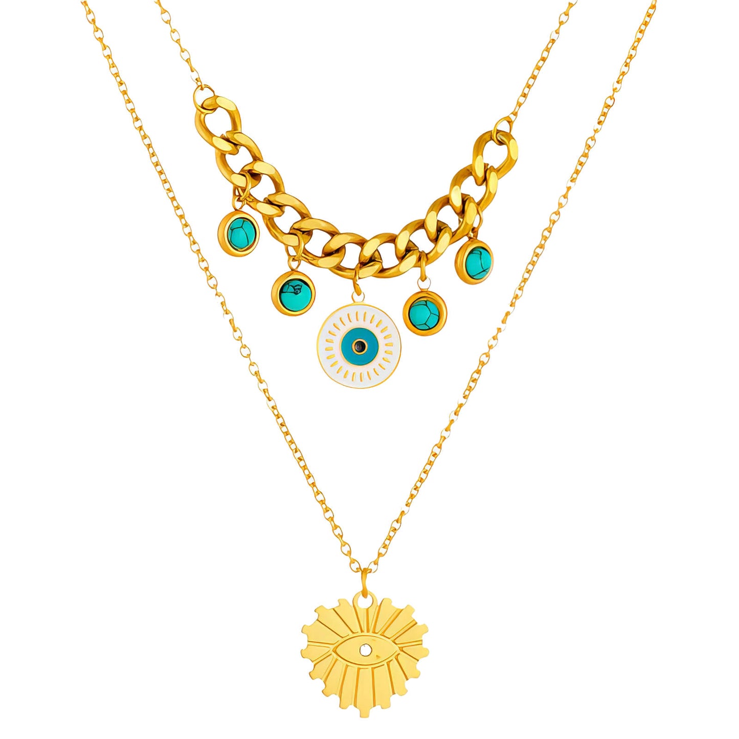 Evil Eyes Necklace, 18K Gold Plated Steel