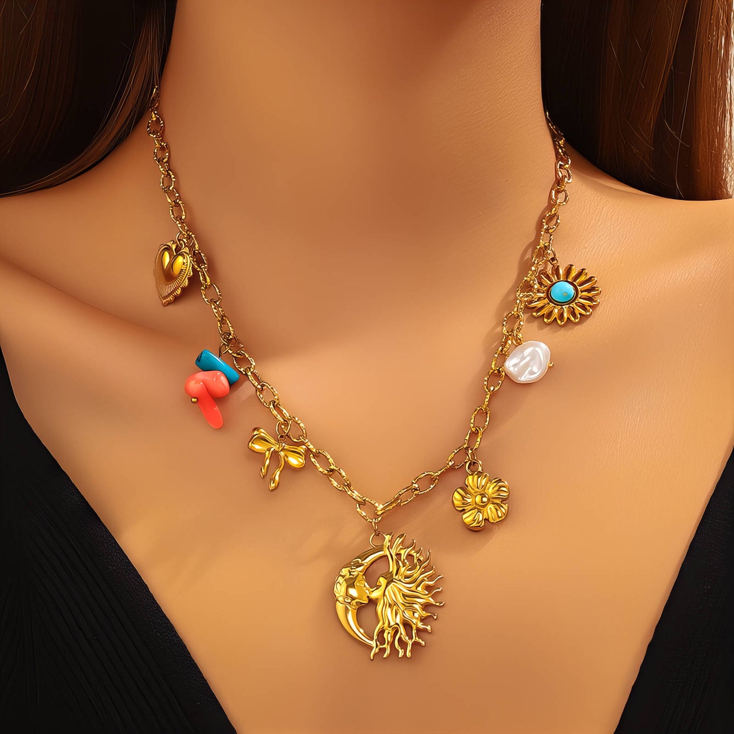 Sun And Moon Necklace, 18K Gold Plated Steel