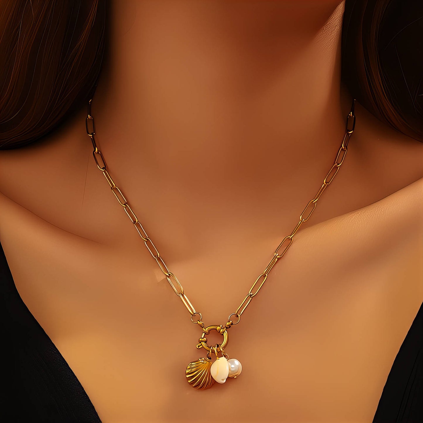 Seashells Necklace, 18K Gold Plated Steel