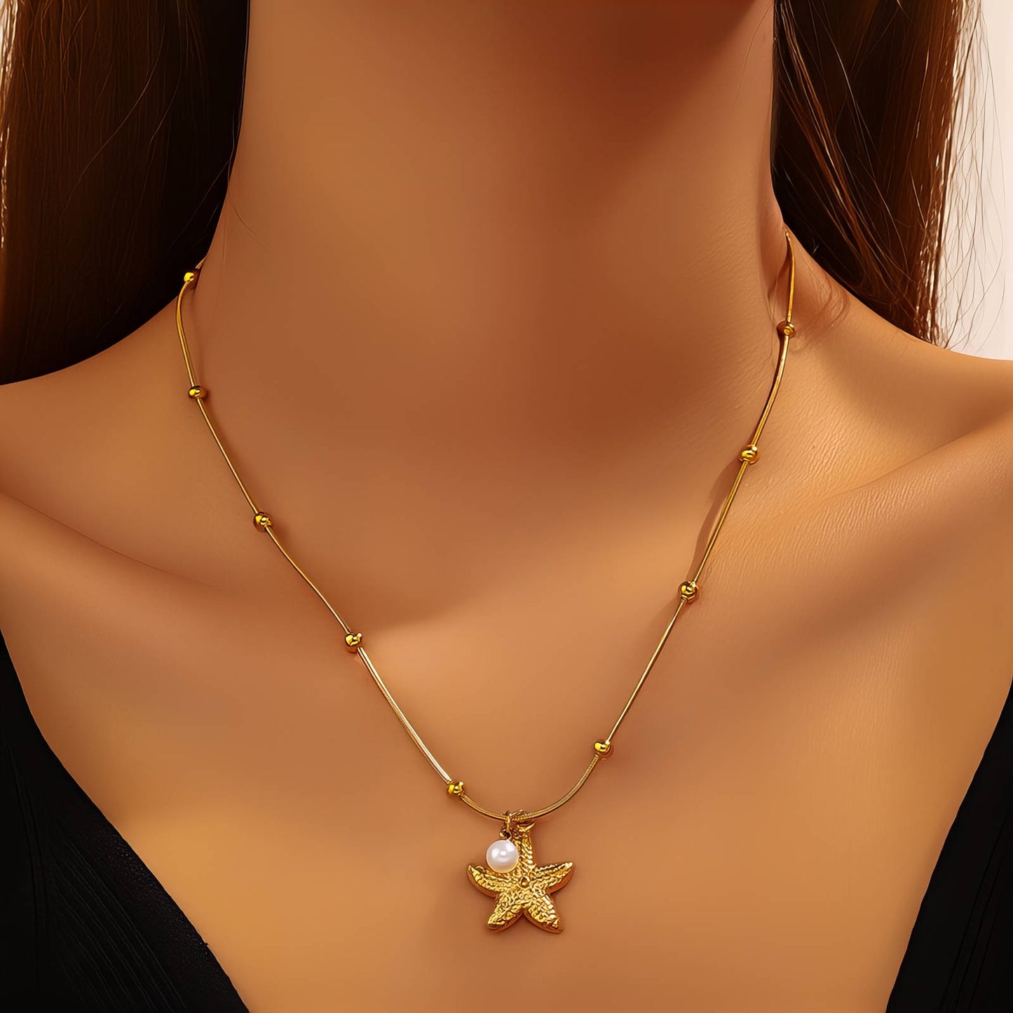 Starfish Necklace, 18K Gold Plated Steel