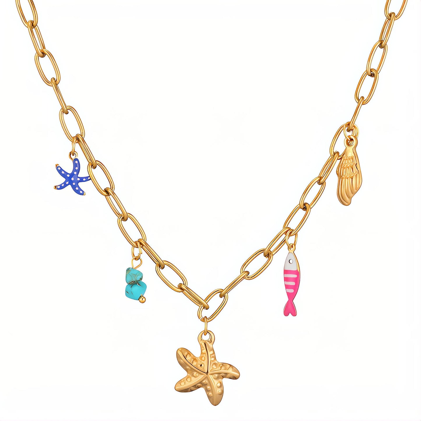 Starfish and Seashell Necklace, 18K Gold Plated Steel