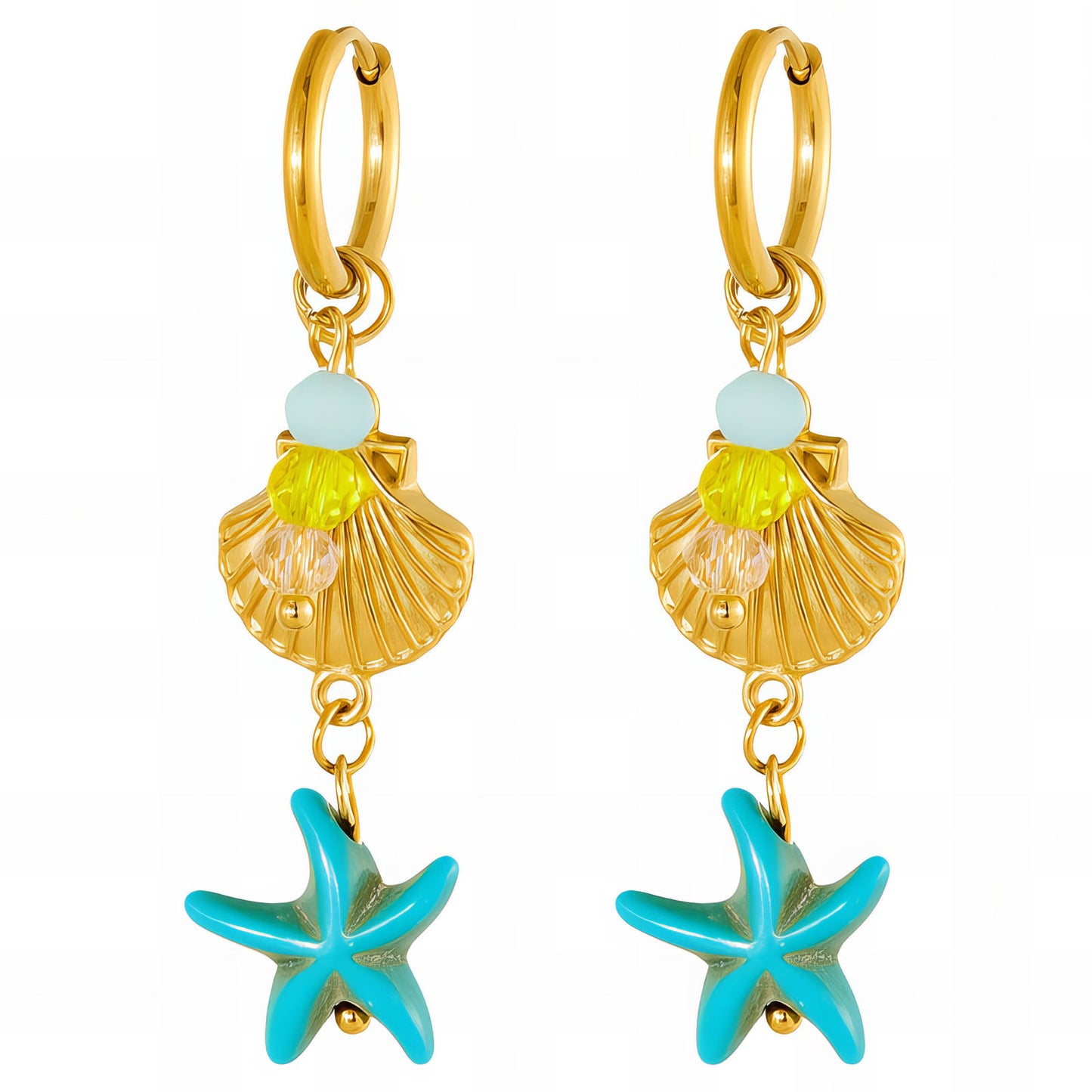 Starfish And Seashell Earrings, 18K Gold Plated Steel