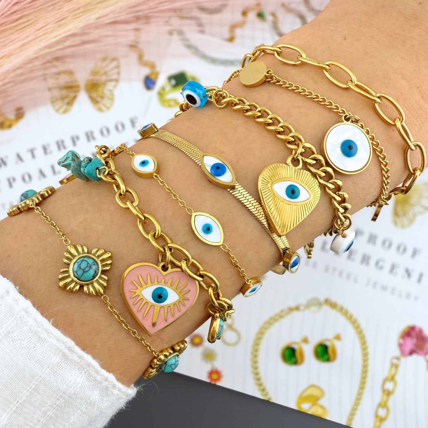 Evil Eyes Bracelet, 18K Gold Plated Steel