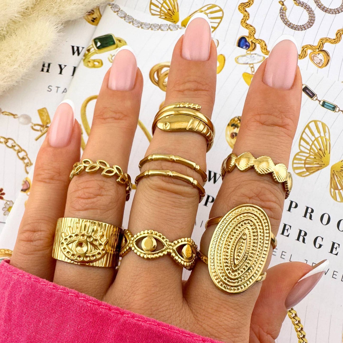 Evil Eyes Ring, 18K Gold Plated Steel