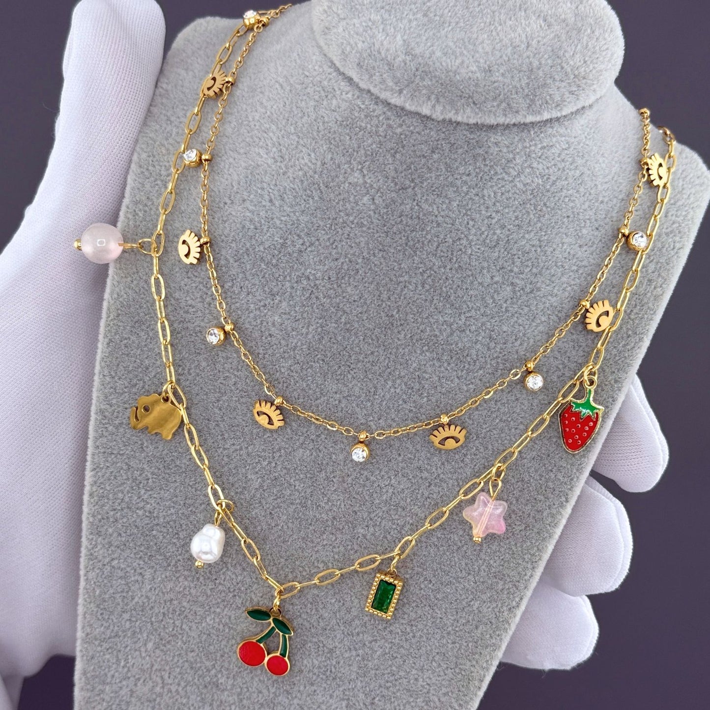 Cherry Necklace, 18K Gold Plated Steel
