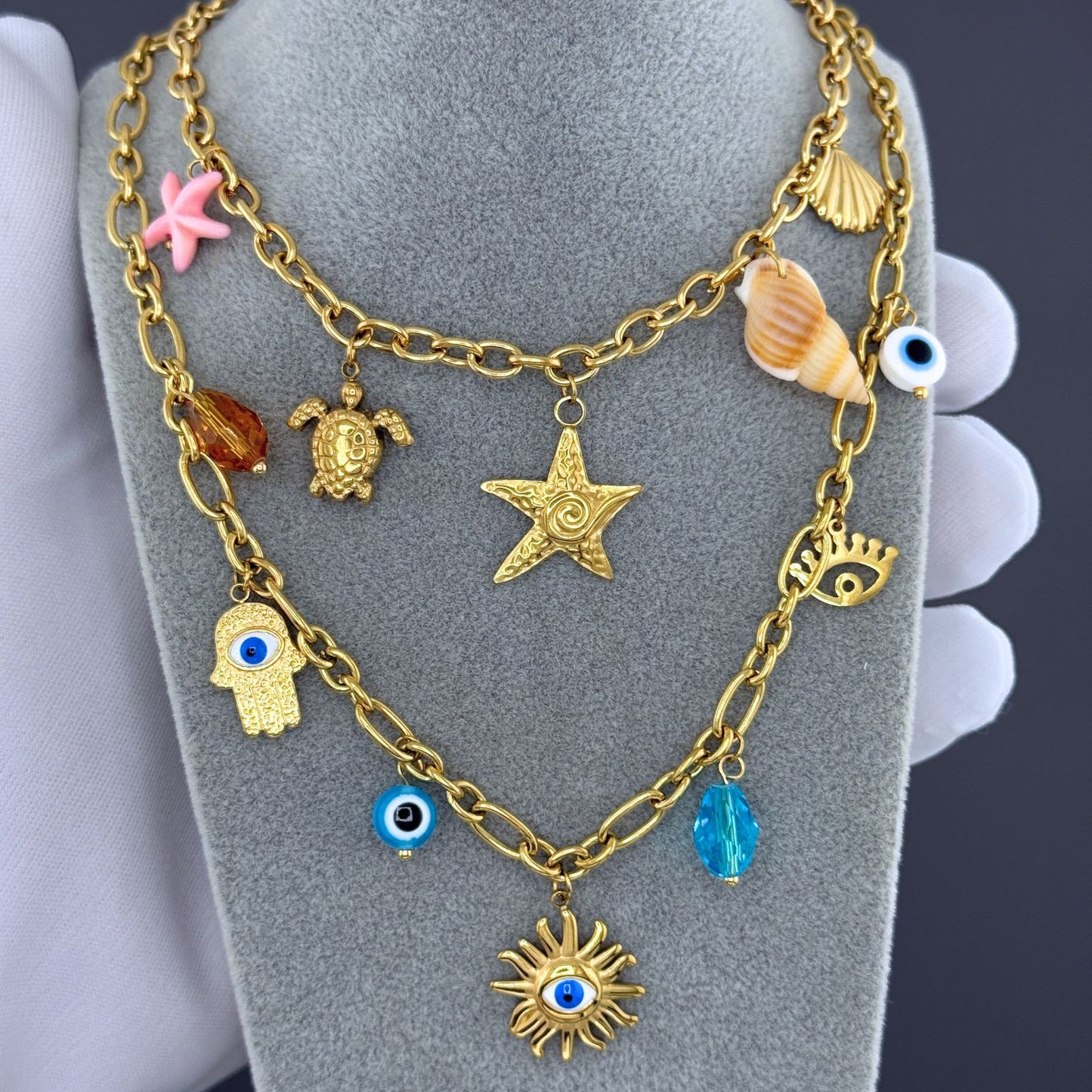 Evil Eyes Necklace, 18K Gold Plated Steel