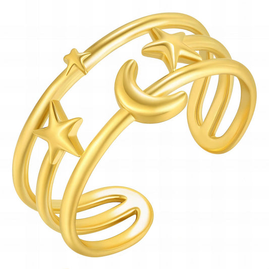 Crescent and Star Ring, 18K Gold Plated Steel