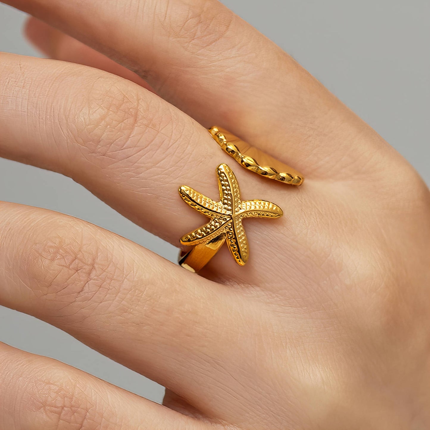 Starfish And Seashell Ring, 18K Gold Plated Steel