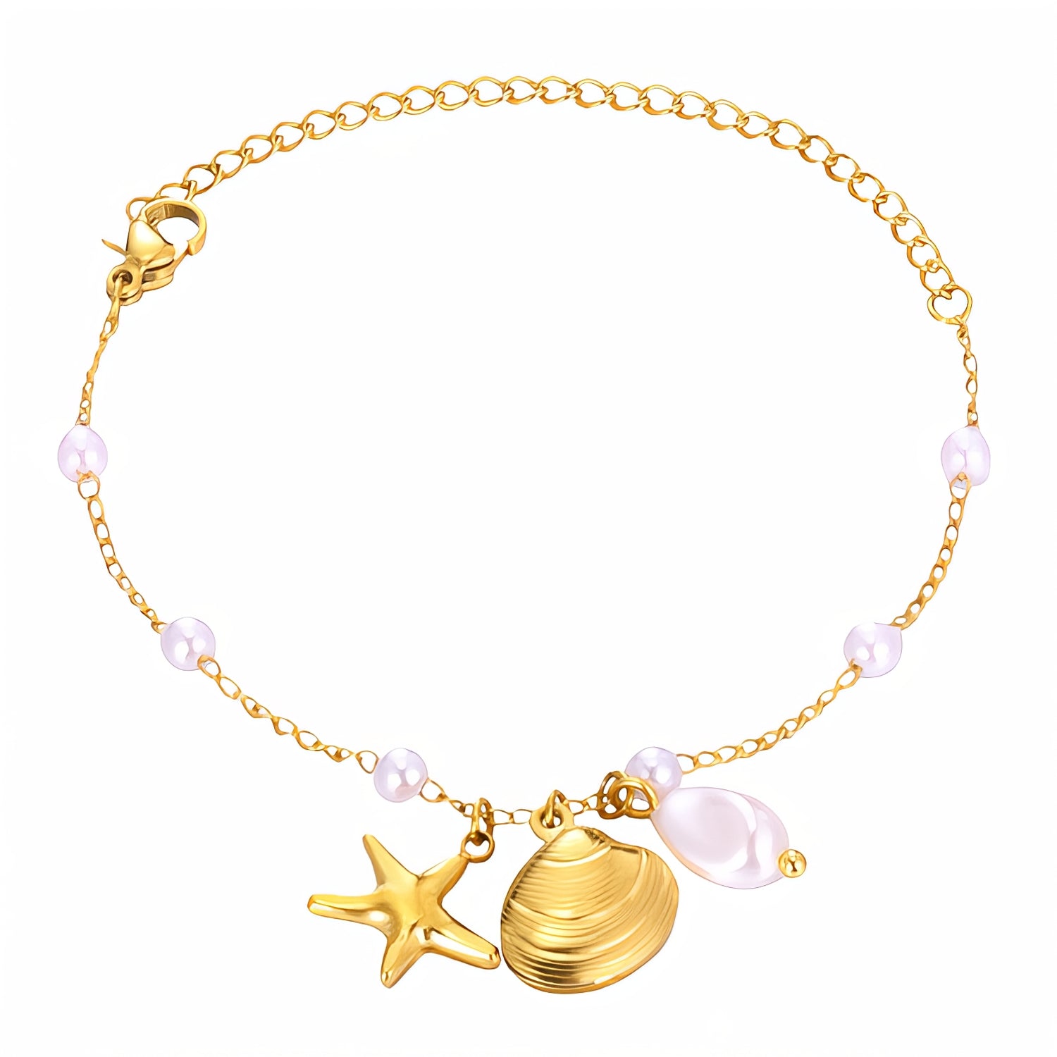 Starfish and Seashell Bracelet, 18K Gold Plated Steel – Luxoroia Dainty Waterproof Gold-Plated Jewelry