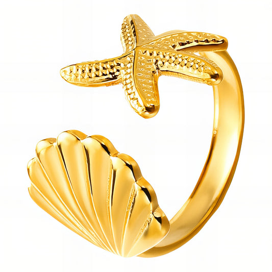 Starfish and Seashell Ring, 18K Gold Plated Steel