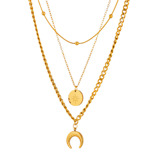 Crescent And Star Necklace, 18K Gold Plated Steel