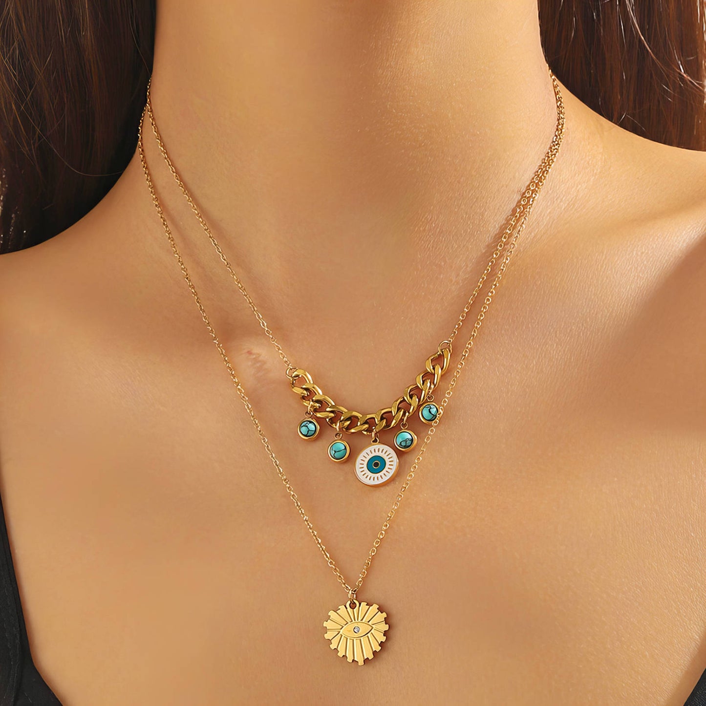 Evil Eyes Necklace, 18K Gold Plated Steel