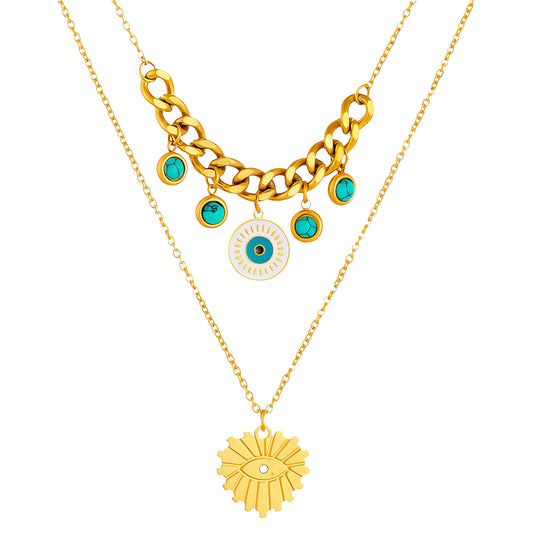 Evil Eyes Necklace, 18K Gold Plated Steel