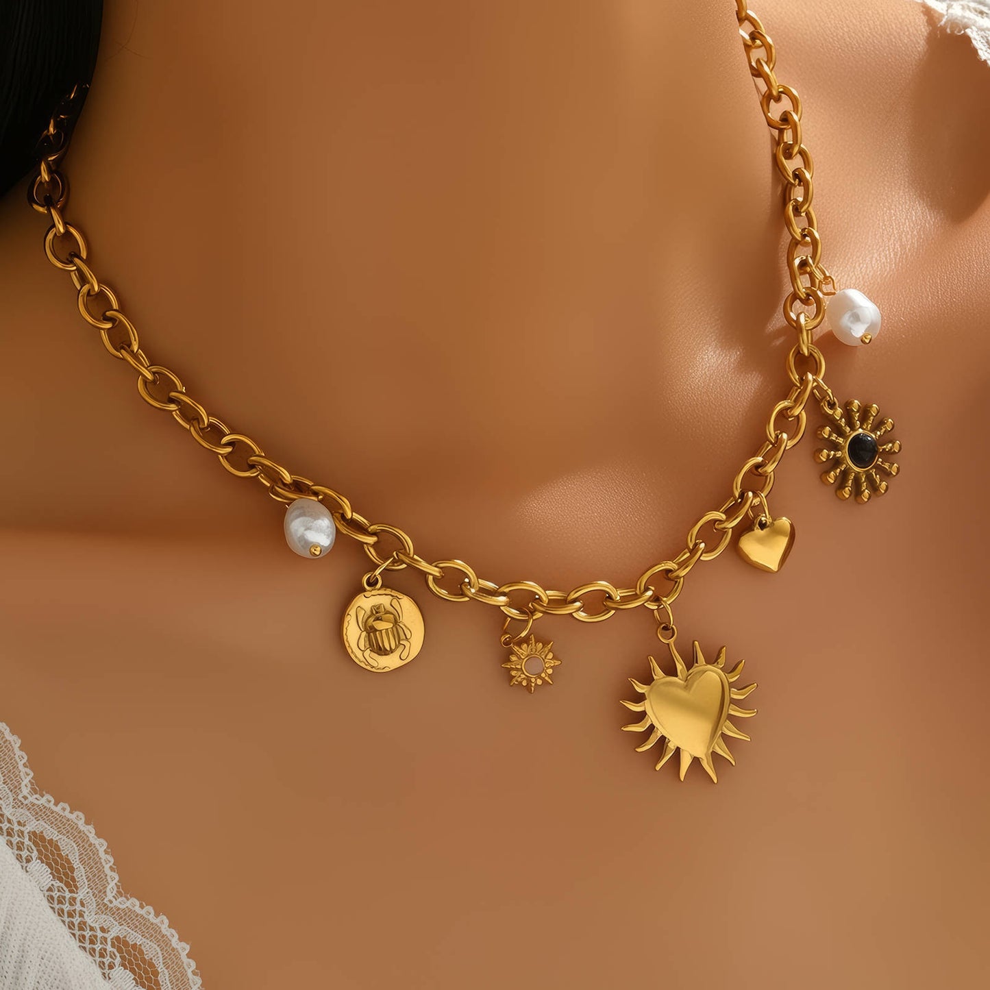 Hearts Necklace, 18K Gold Plated Steel