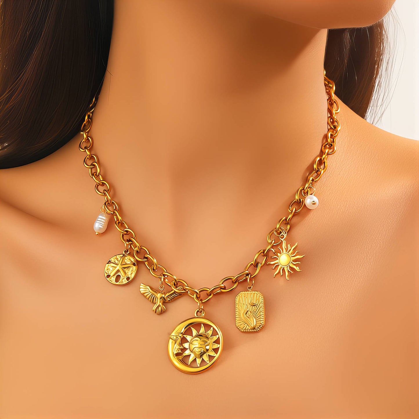 Crescent And Sun Necklace, 18K Gold Plated Steel