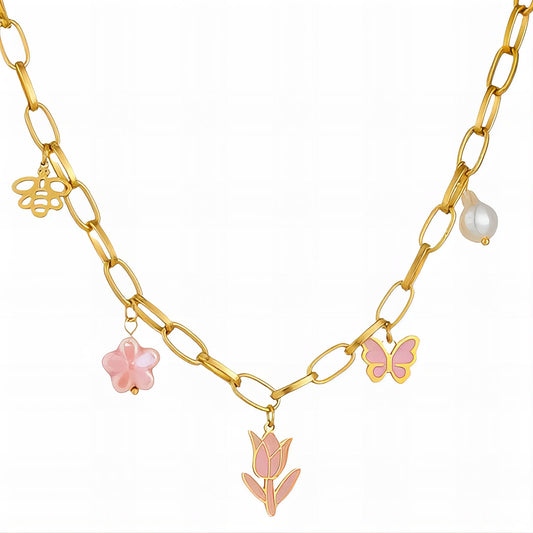 Flowers Necklace, 18K Gold Plated Steel