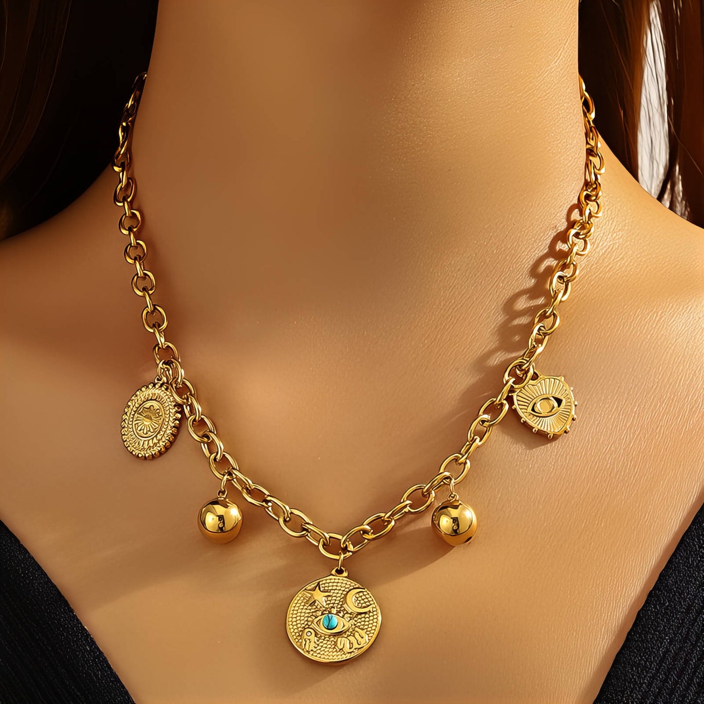 Evil eyes Necklace, 18K Gold Plated Steel