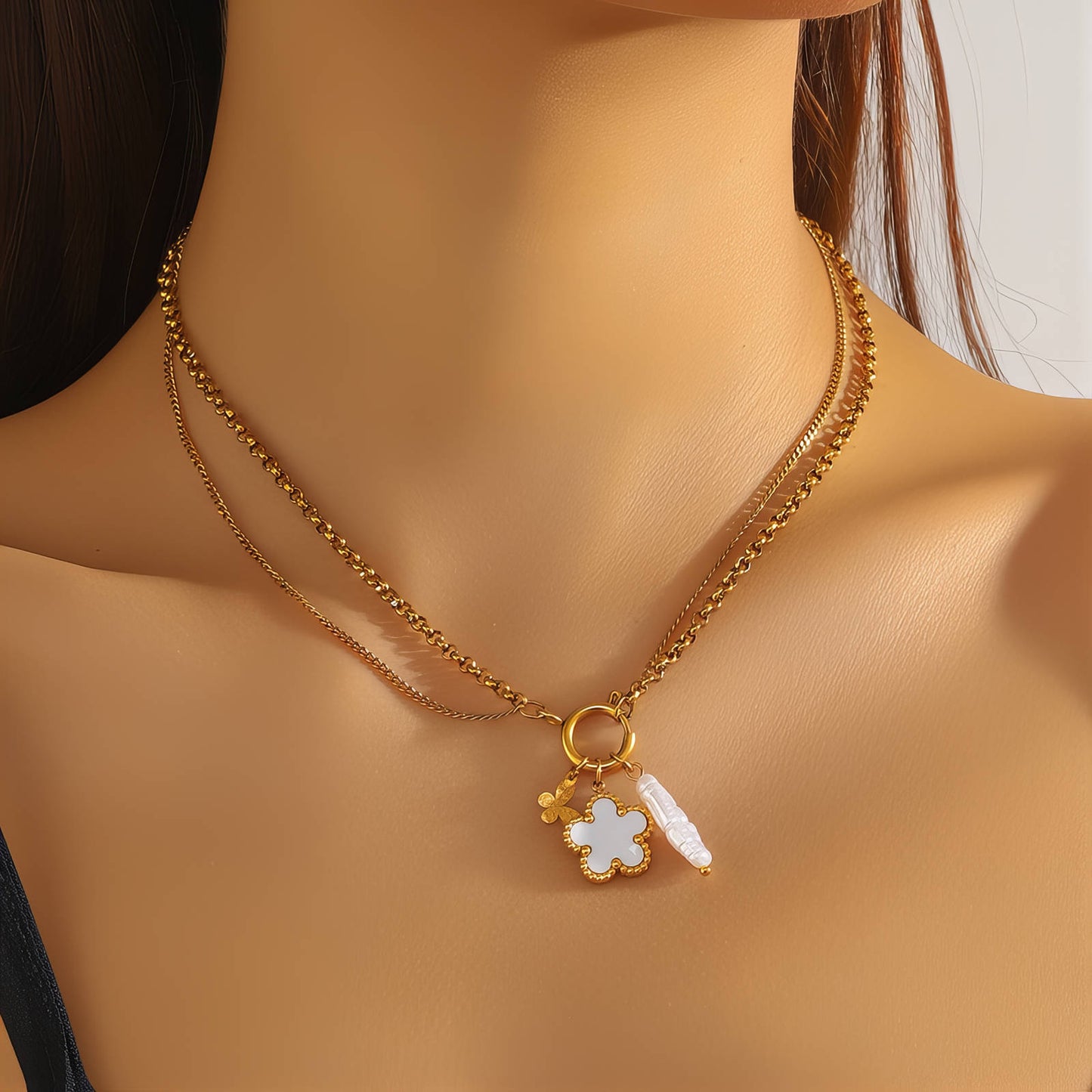 Flower Necklace, 18K Gold Plated Steel