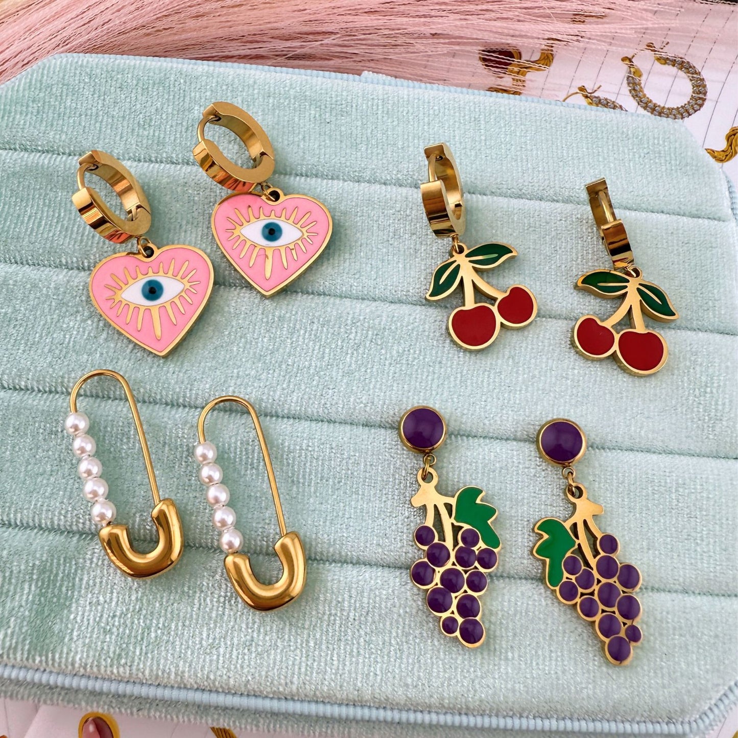 Grape Earrings, 18K Gold Plated Steel